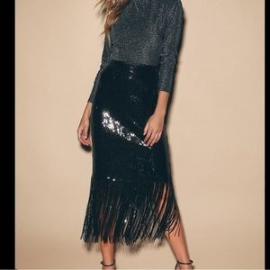 Lulu’s Toast to This Black Sequin Fringe Midi Skirt